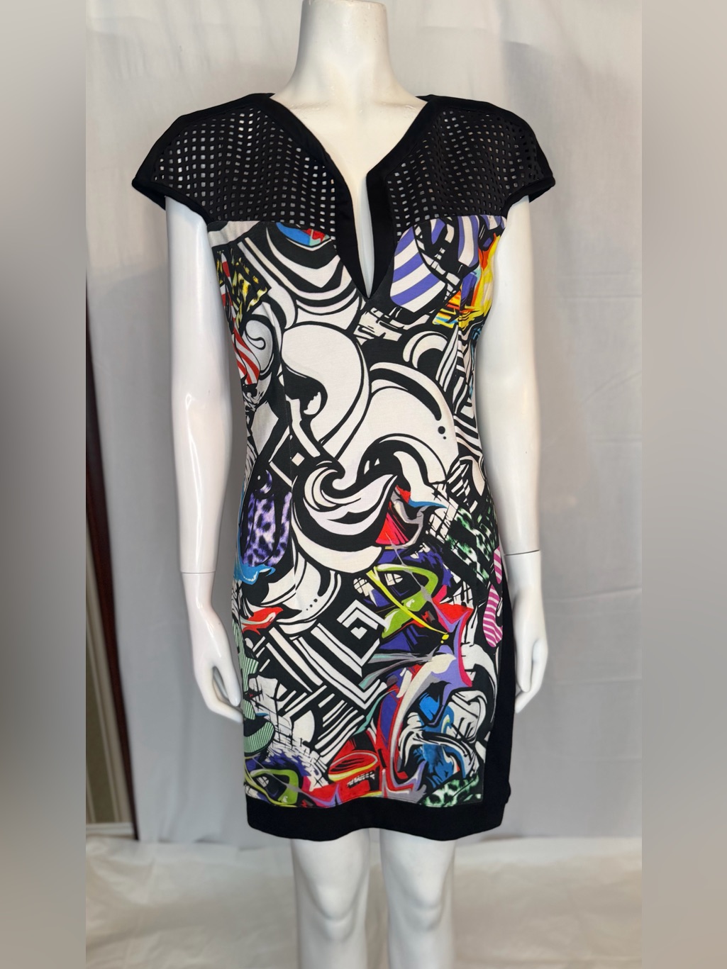 Just Cavalli Black Abstract Multi-Color Cap Sleeve Mini Dress